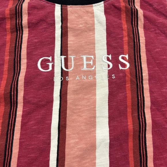 Guess Originals Striped T-Shirt Men's Large Logo Crewneck Red Pink Retro Casual - Picture 2 of 8